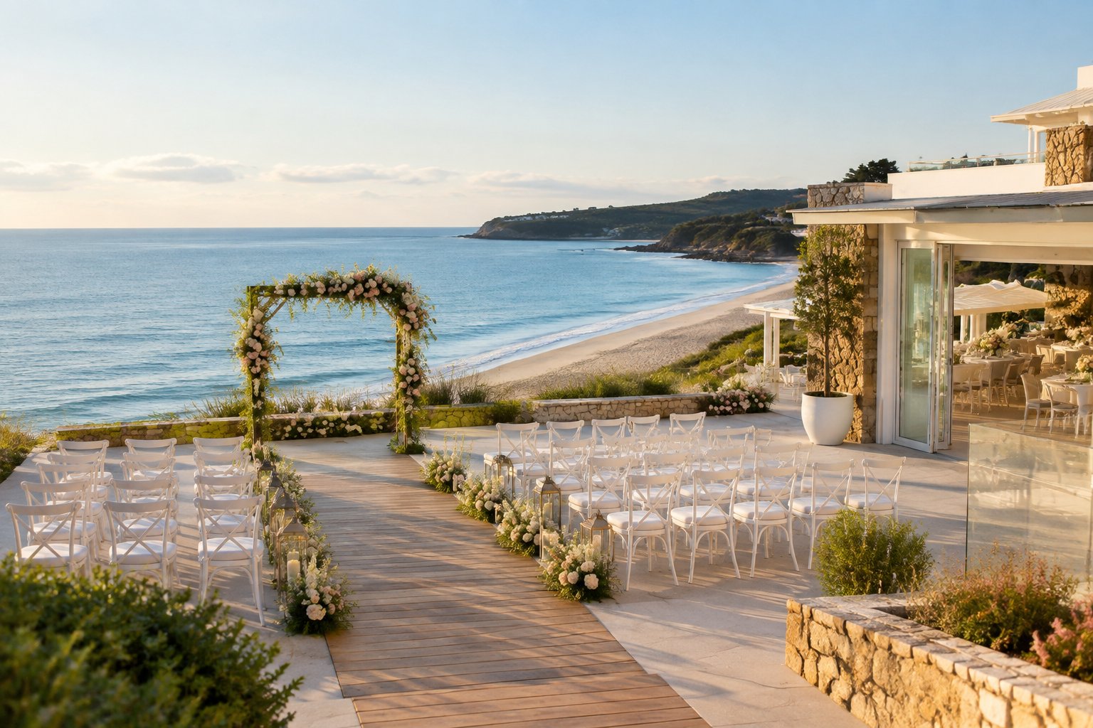 An elegant wedding ceremony setup beside a sandy beach on the south coast.