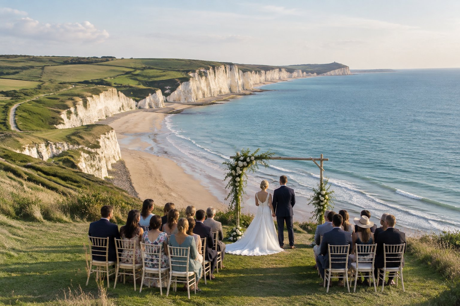 Elegant seaside wedding ceremony overlooking a sandy South Coast beach and calm blue-green sea.