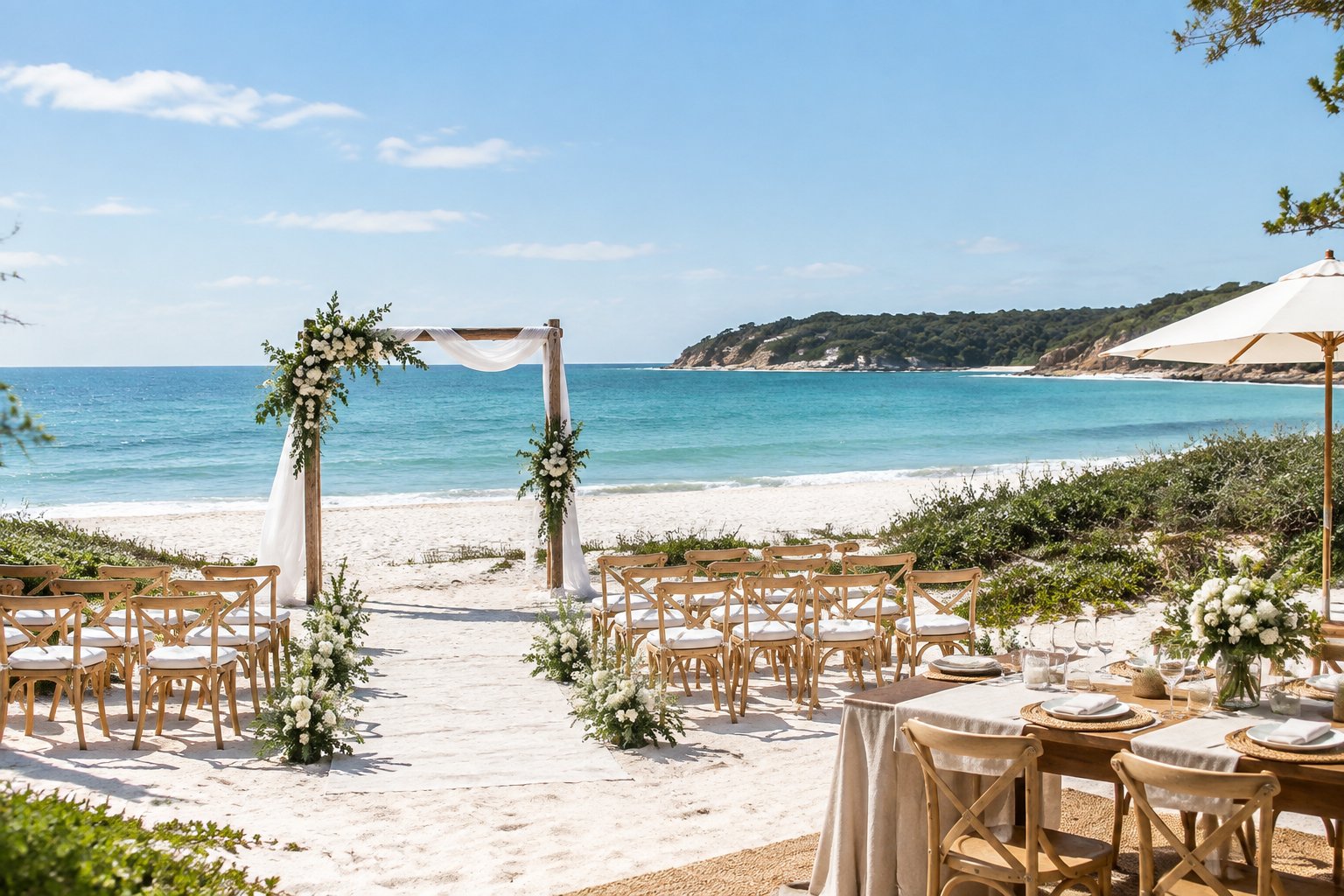A beach wedding ceremony setup beside calm turquoise water on a white-sand South Coast beach.