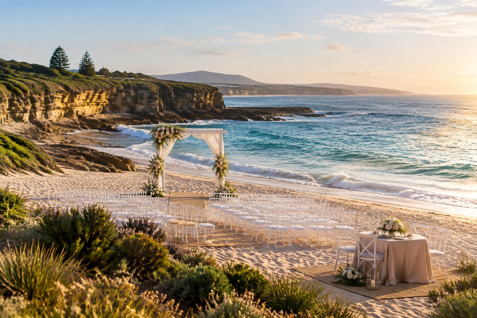 An elegant beach wedding ceremony setup on a sandy South Coast beach with ocean, cliffs, and native greenery.