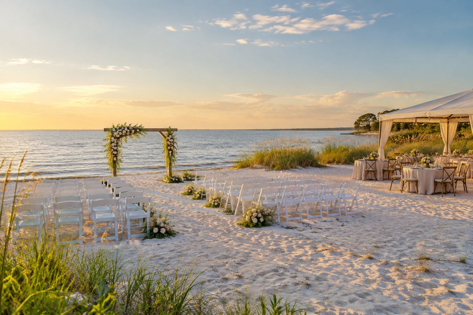 An elegant beach wedding ceremony setup with white chairs, a floral arch, and reception tables beside calm blue water.