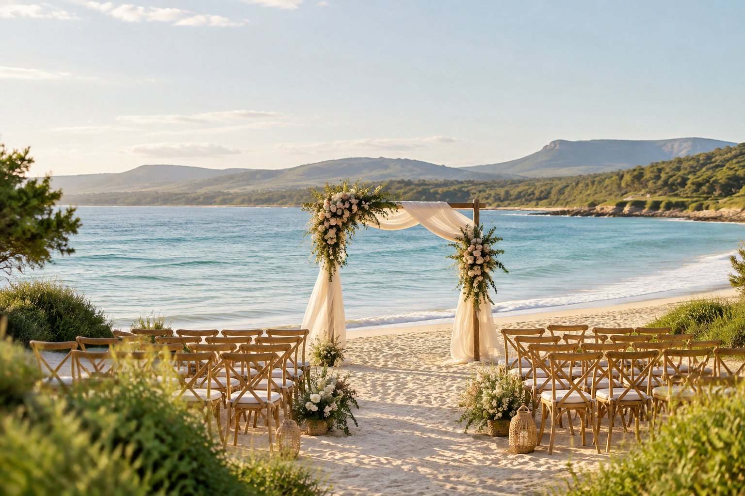 An elegant outdoor wedding ceremony arranged on a sandy beach beside calm turquoise water and green coastal hills.