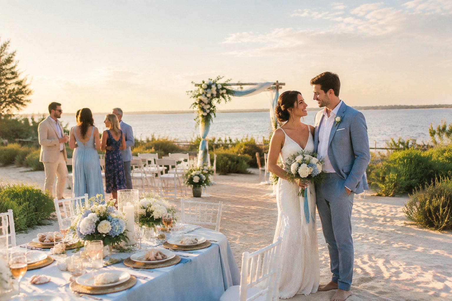 An intimate beach-inspired wedding celebration with a floral arch, white chairs, and a decorated reception table near the water.