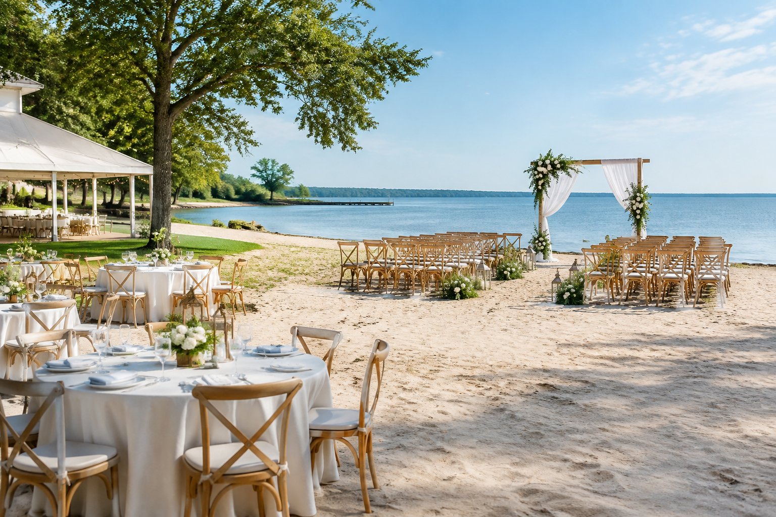 A decorated wedding ceremony area beside a sandy shoreline and calm blue water.