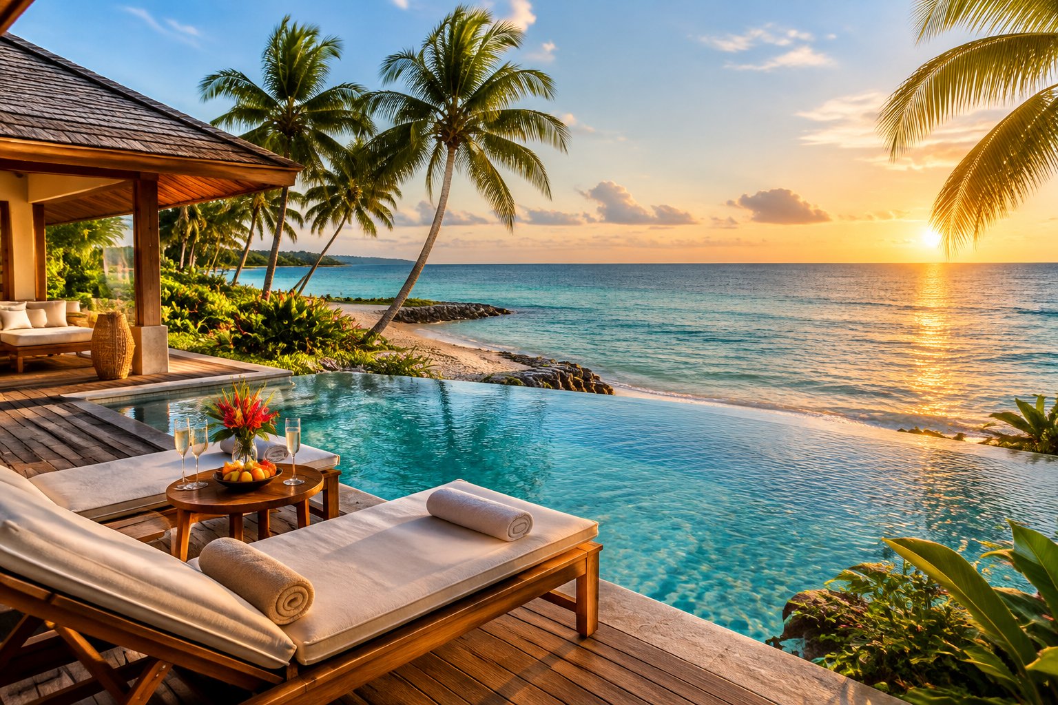 A luxurious tropical resort beside turquoise Caribbean water in Belize, surrounded by palm trees and white sand.