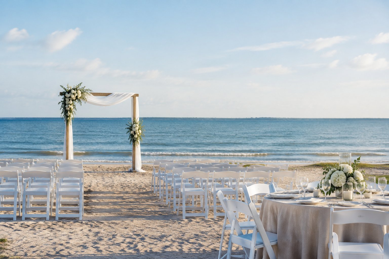 An elegant beach wedding ceremony setup with white chairs, a floral arch, and a reception table beside calm blue water.