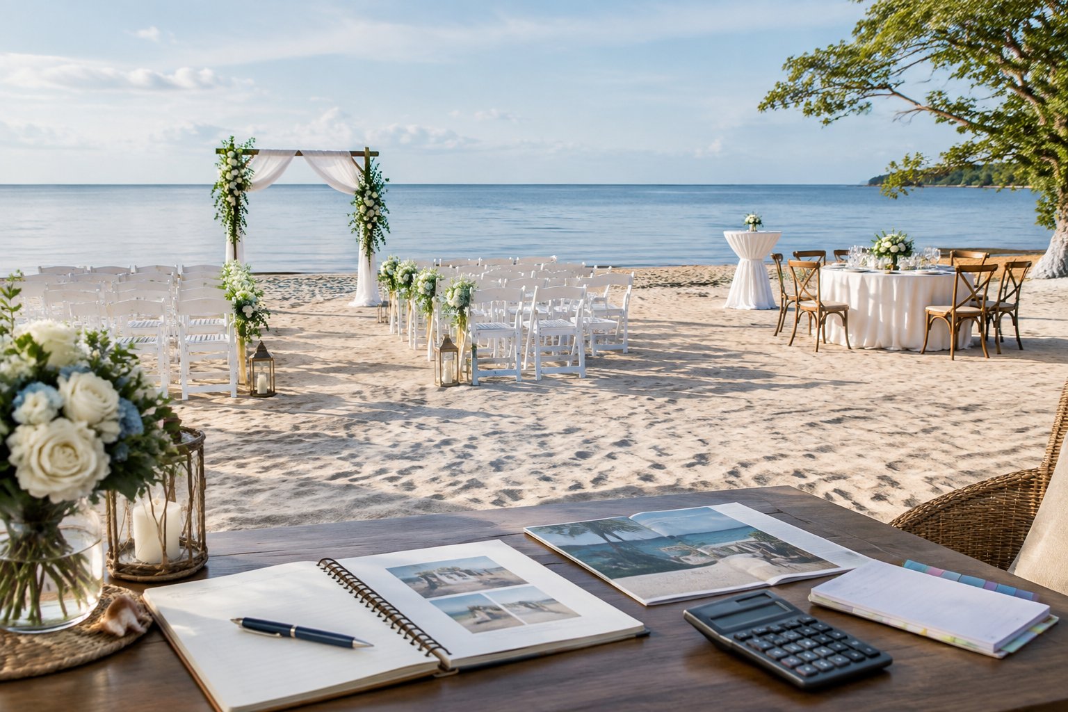 A decorated wedding ceremony and reception setup beside calm water, with planning materials on a nearby table.