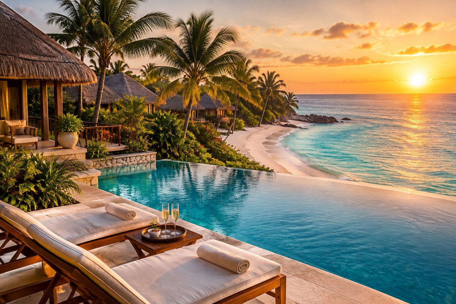 A tropical beachfront resort with thatched villas, an infinity pool, and turquoise Caribbean water at sunset.