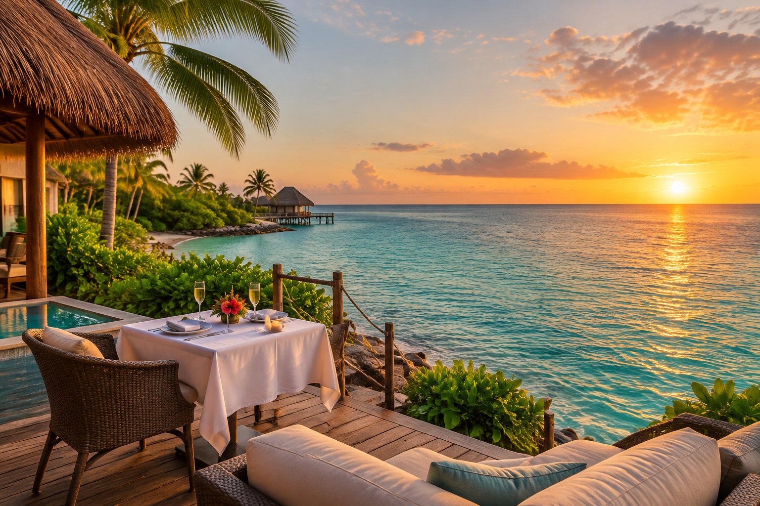 A luxurious tropical beachfront resort with a romantic table for two overlooking the turquoise Caribbean Sea.