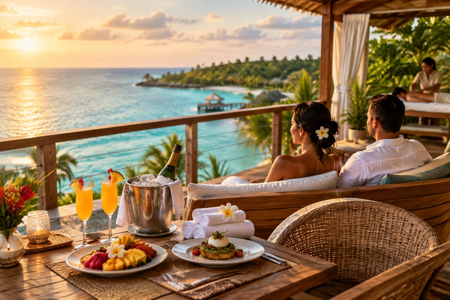 A couple enjoys an all-inclusive honeymoon setup with tropical drinks, fruit, and sparkling wine on a balcony overlooking the Belize coast.