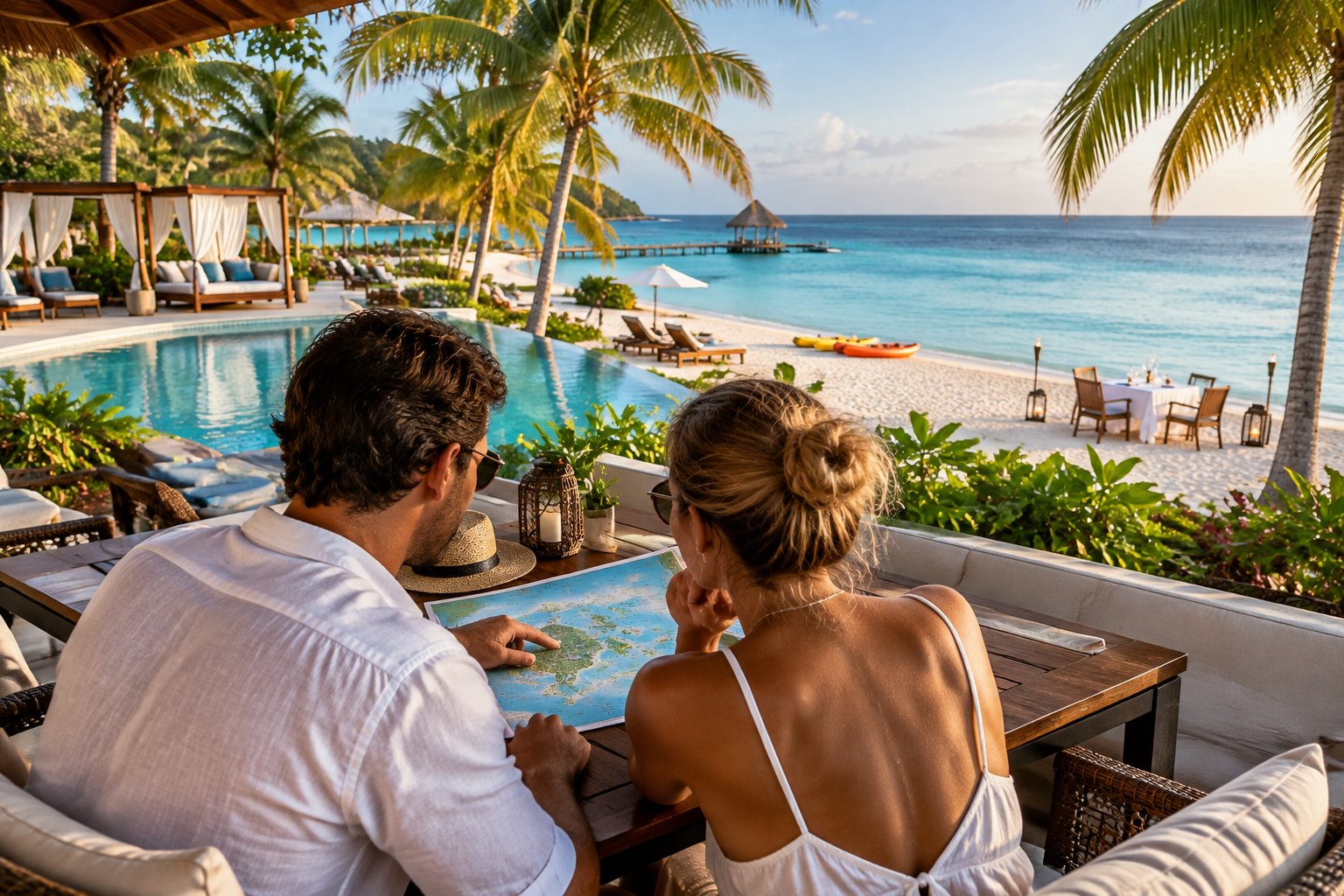 A newlywed couple compares options at a tropical Belize beach resort overlooking the Caribbean Sea.