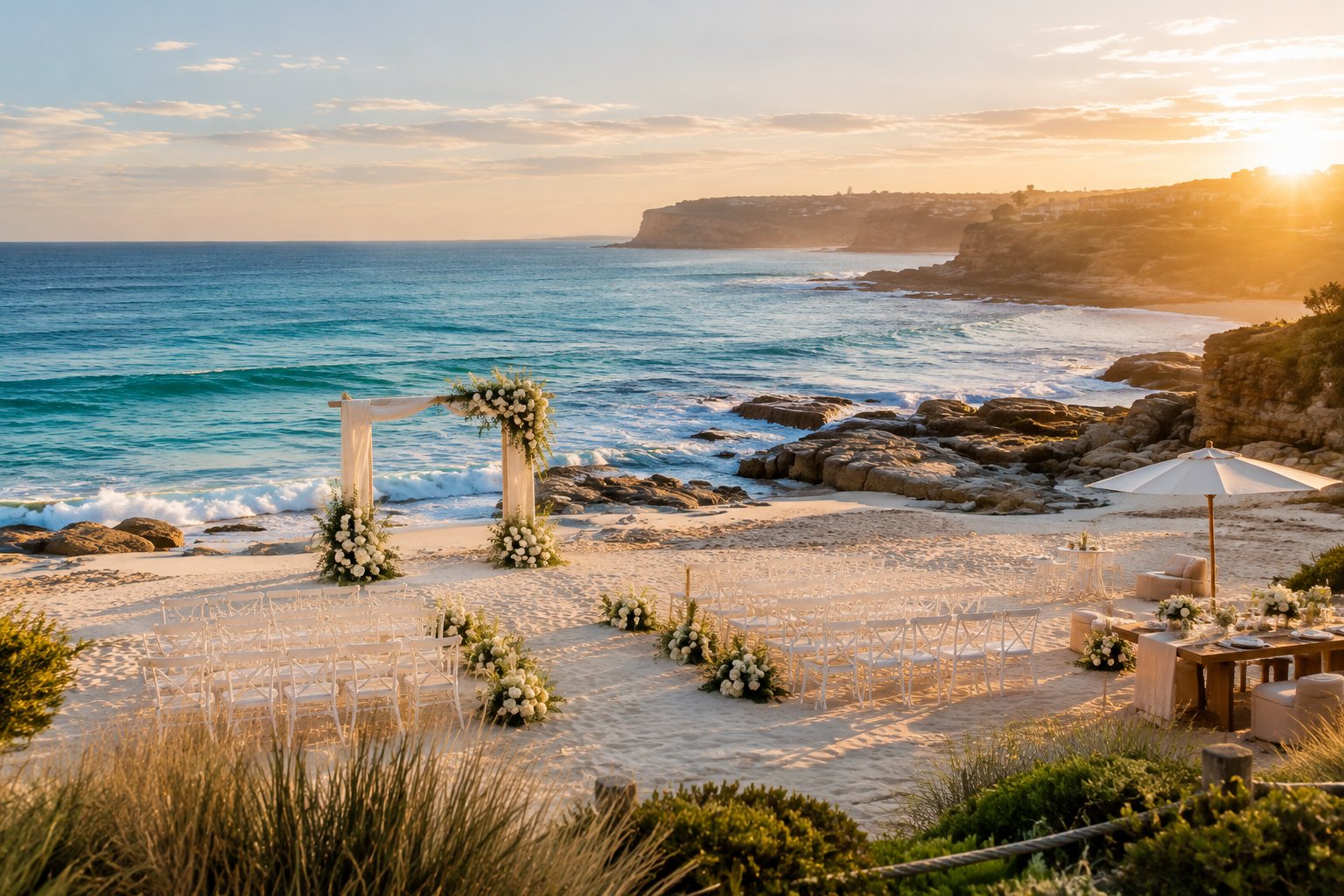 An elegant wedding ceremony setup on a sandy Sydney beach with white chairs, floral decorations, ocean waves, and coastal cliffs.