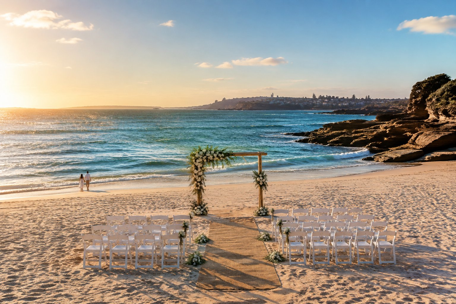An elegant beach wedding ceremony setup on a sunny Sydney coastline with white chairs, flowers, sand, ocean, and rock formations.