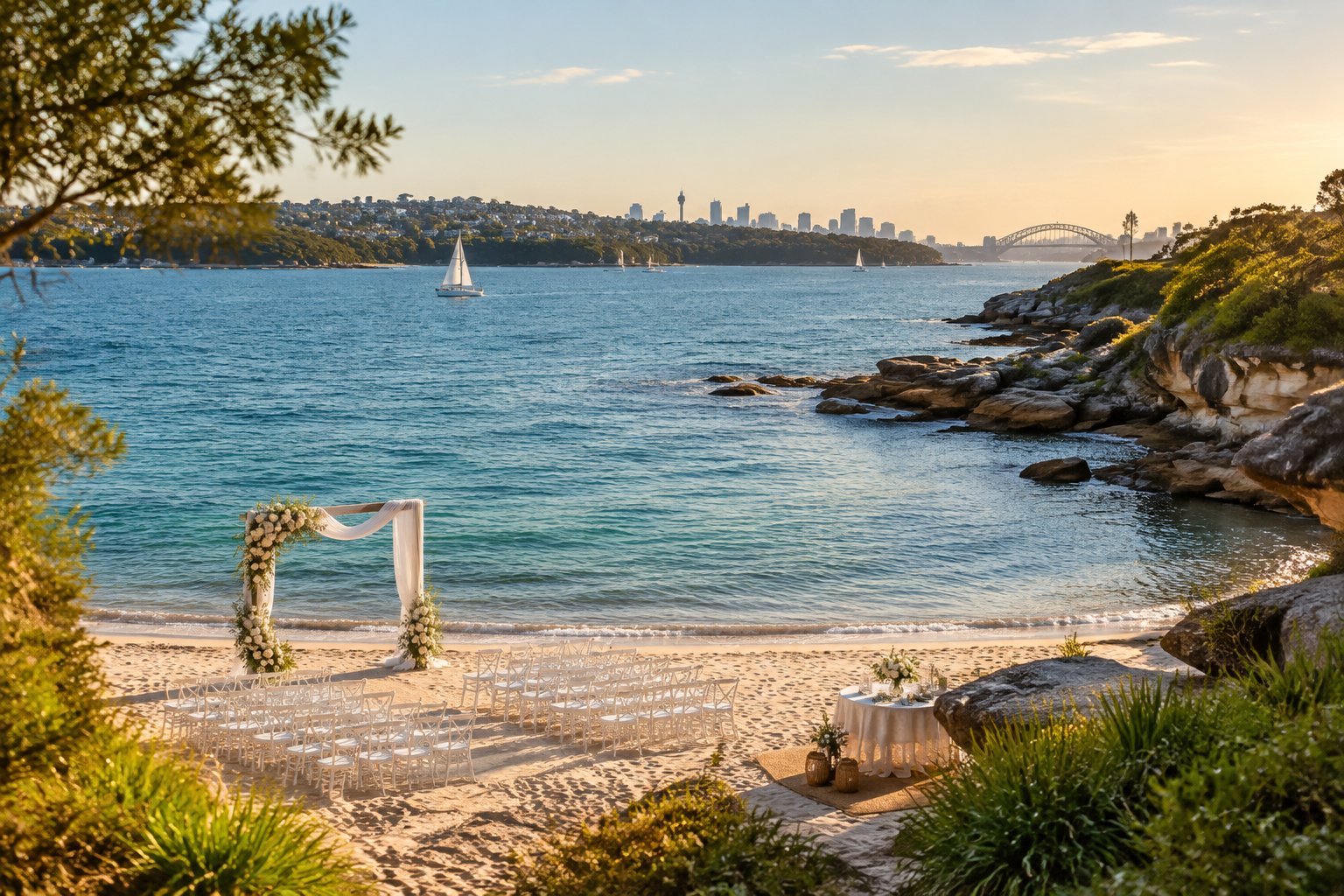 An elegant beach wedding setup on a sandy Sydney harbour shoreline with floral decorations, white chairs, and calm blue water.