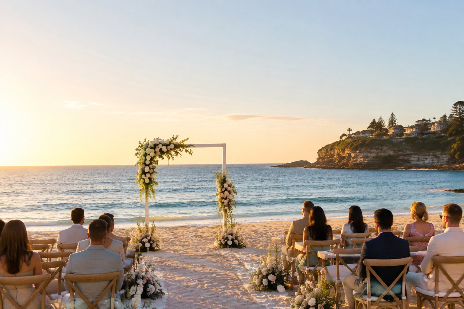 An elegant beach wedding ceremony set on a sunny Sydney coastline with ocean views, floral decorations, and seated guests.