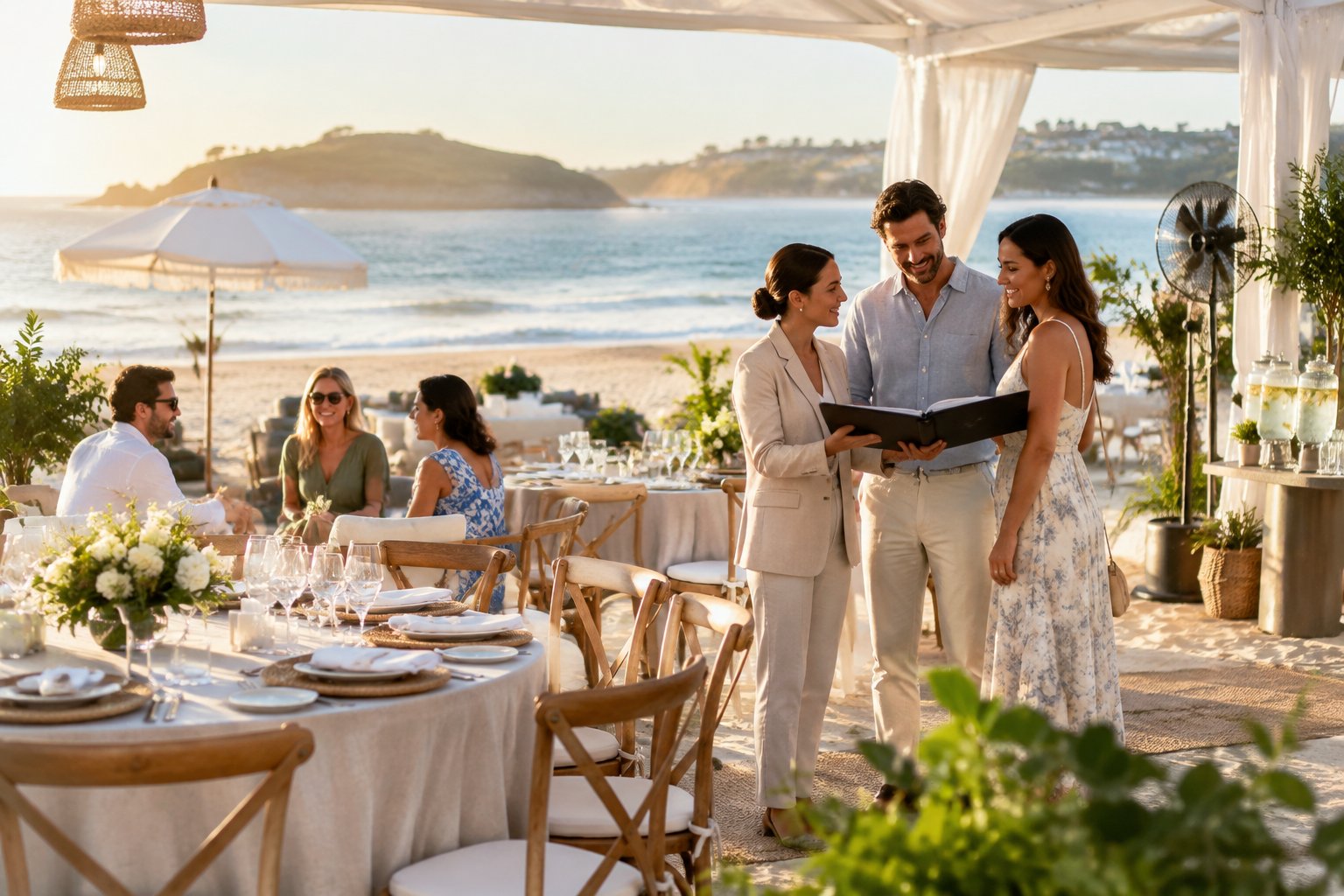 A couple and venue coordinator discuss plans beside a stylish beach wedding reception with guests and ocean views.