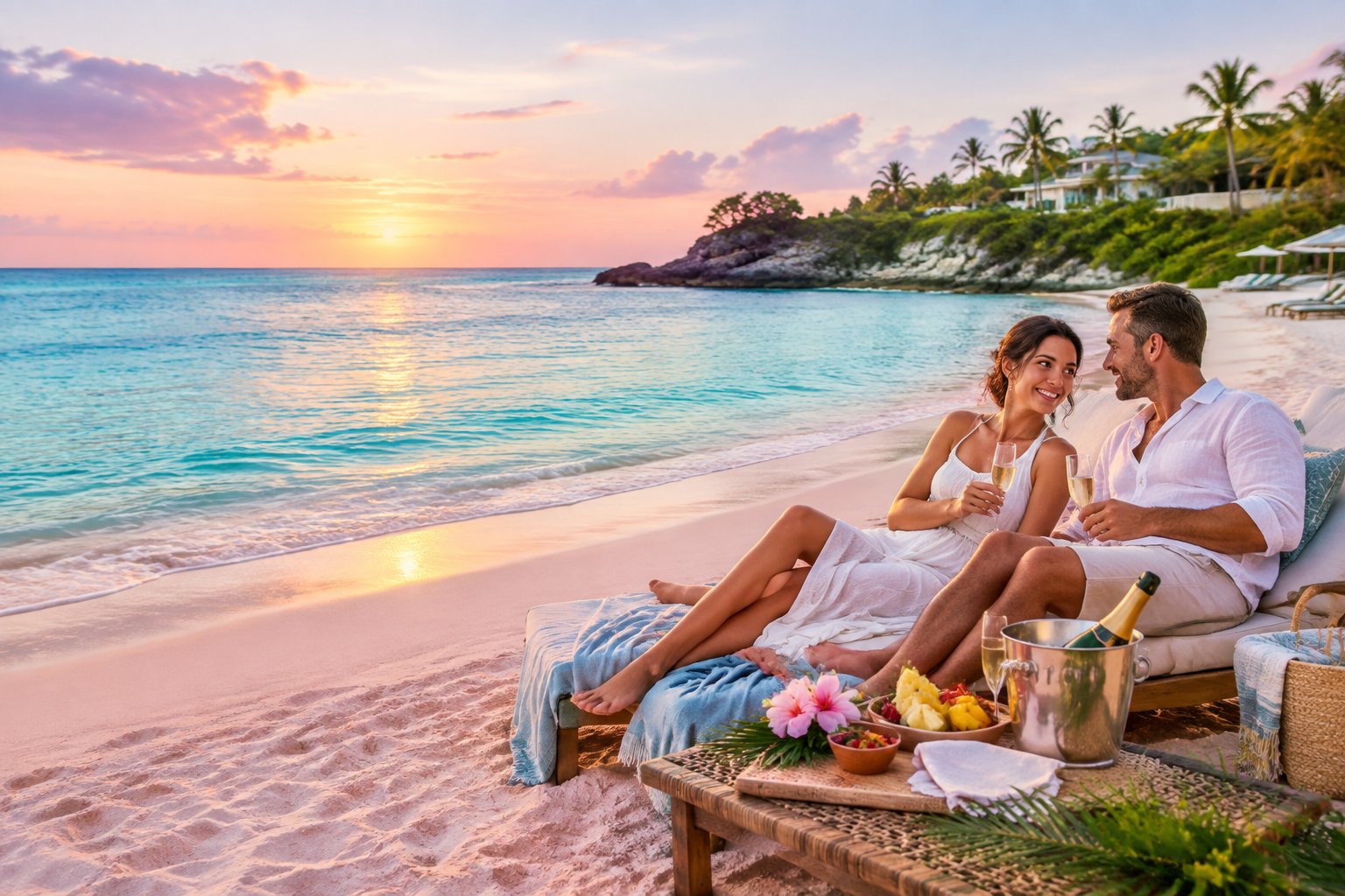 A newlywed couple relaxes together on a pink-sand beach beside turquoise water in Bermuda.