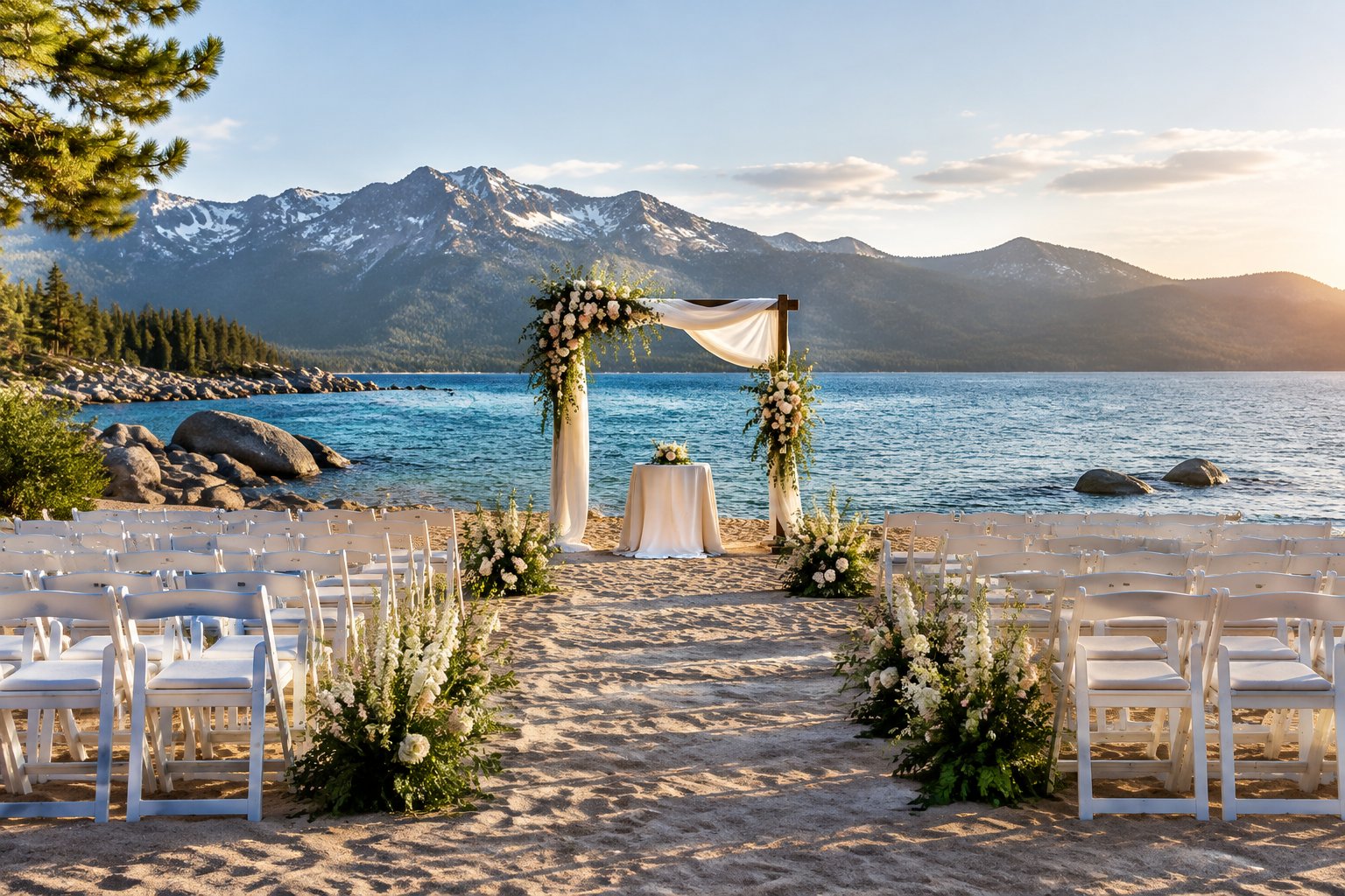 An elegant wedding ceremony setup on a sandy lakeside beach with mountains in the background.