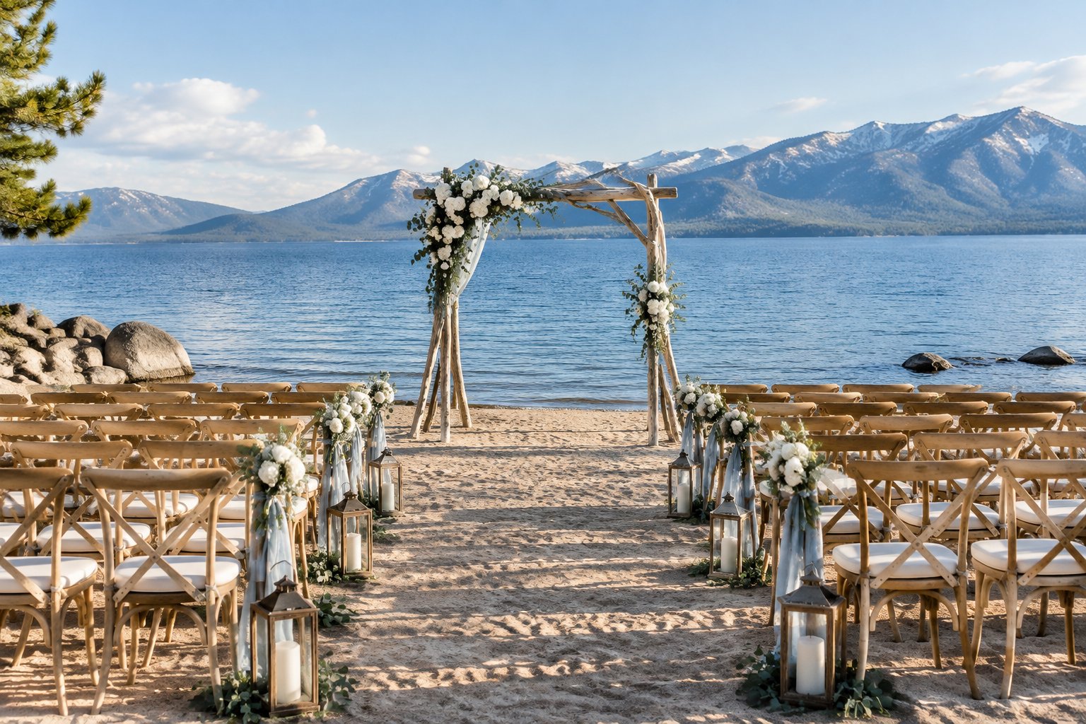 A lakeside wedding ceremony setup with a flower-covered arch, chairs, sandy shore, calm water, and mountains in the background.