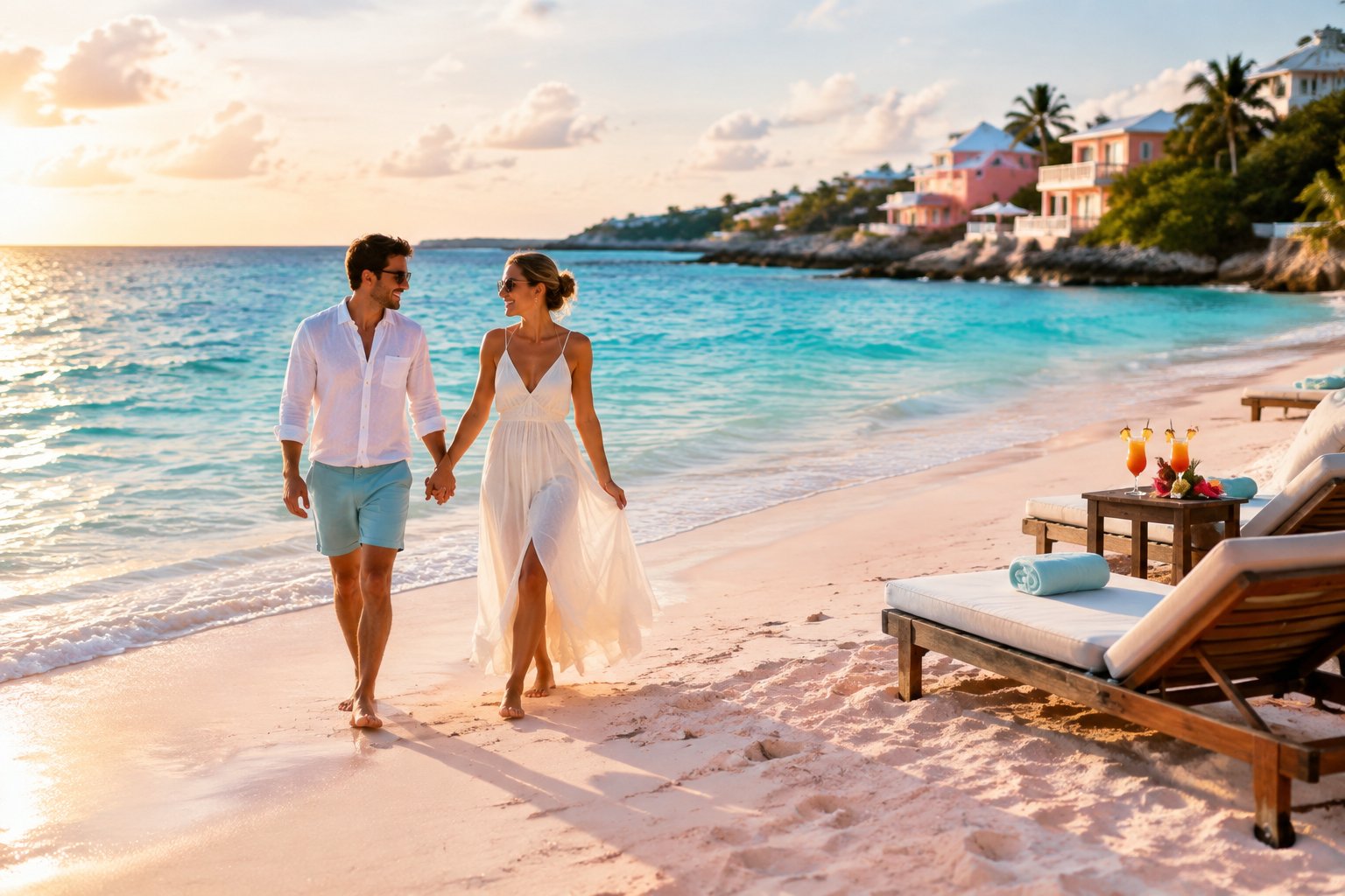 Newlyweds walk hand in hand along a pink-sand beach in Bermuda beside a resort setup.