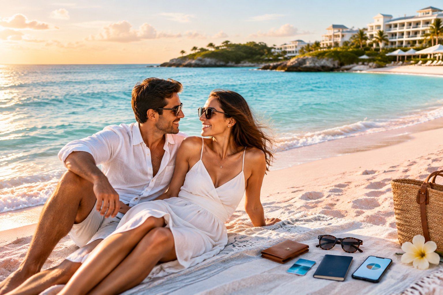 Newlywed couple relaxing beside the turquoise waters of a pink-sand Bermuda beach near a resort.