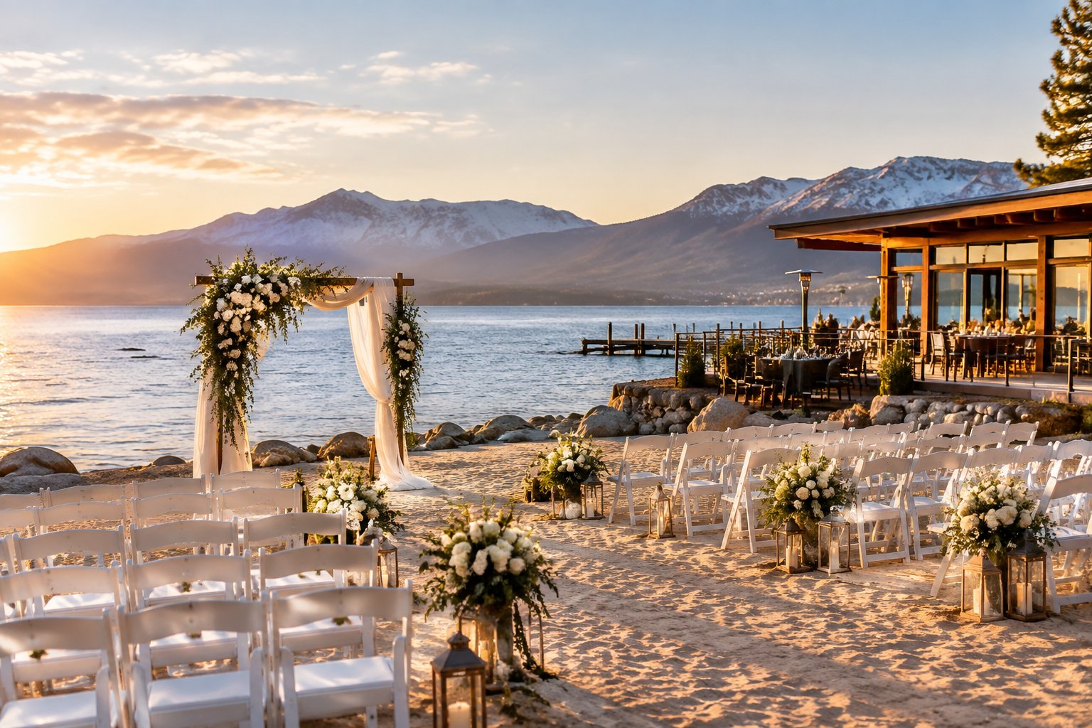 An elegant lakeside wedding venue with white chairs, a floral arch, mountains, and calm blue water.