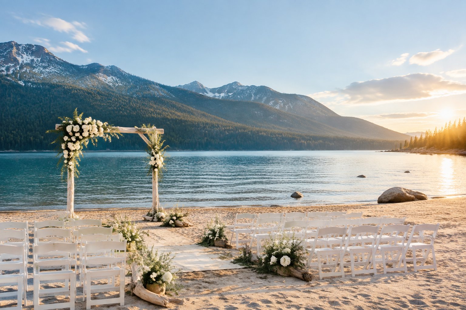 A decorated wedding ceremony setup on a sandy Lake Tahoe beach with blue water and mountain scenery.
