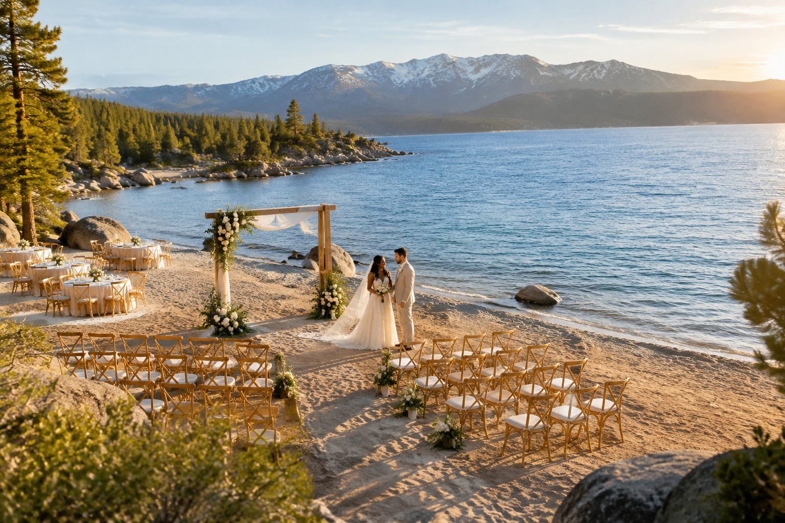 A couple at an elegant lakeside beach wedding near Reno, with chairs, flowers, mountains, and blue water in the background.
