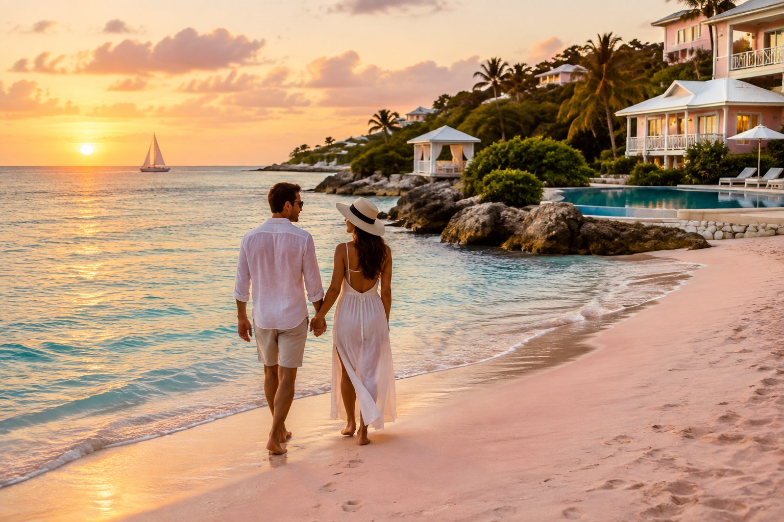 A couple walks hand in hand along a pink-sand beach beside a tropical resort in Bermuda.