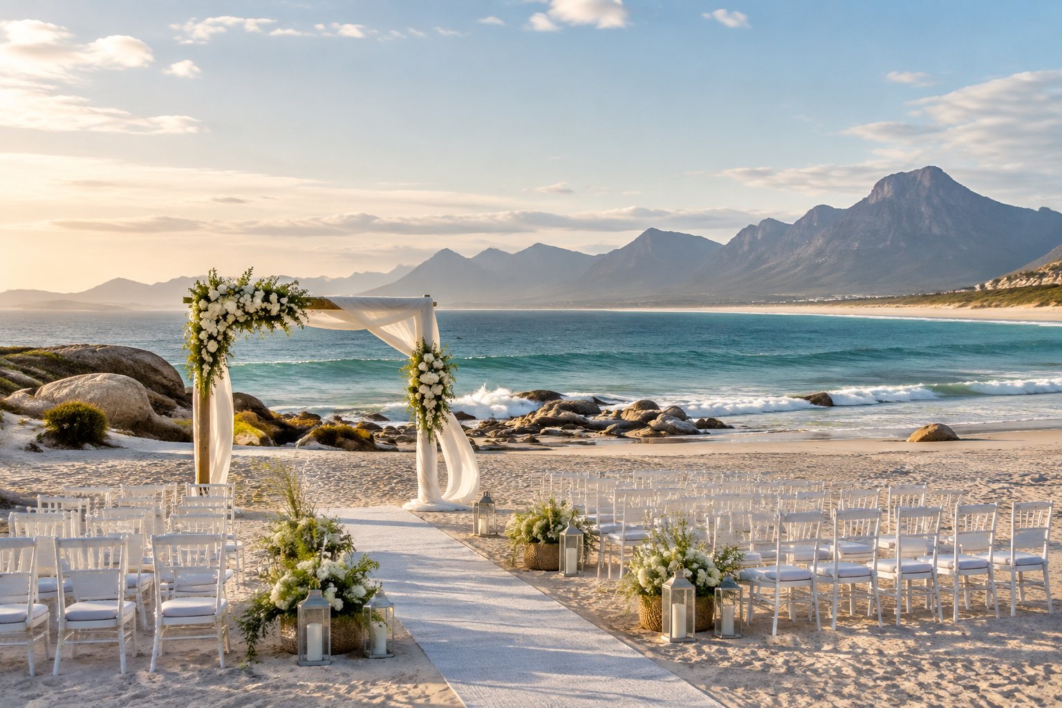 An elegant wedding ceremony setup on a sandy Western Cape beach with white chairs, flowers, ocean, rocks, and distant mountains.