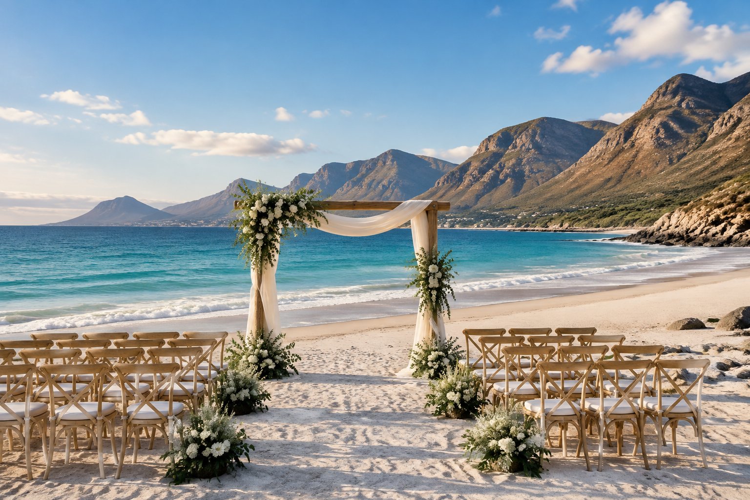 A beach wedding ceremony setup on a sandy Western Cape shoreline with ocean, cliffs, and wooden guest chairs.