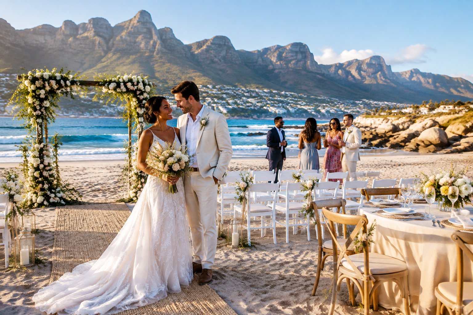 An elegant beach wedding ceremony with a couple, guests, flowers, and mountains beside the ocean.