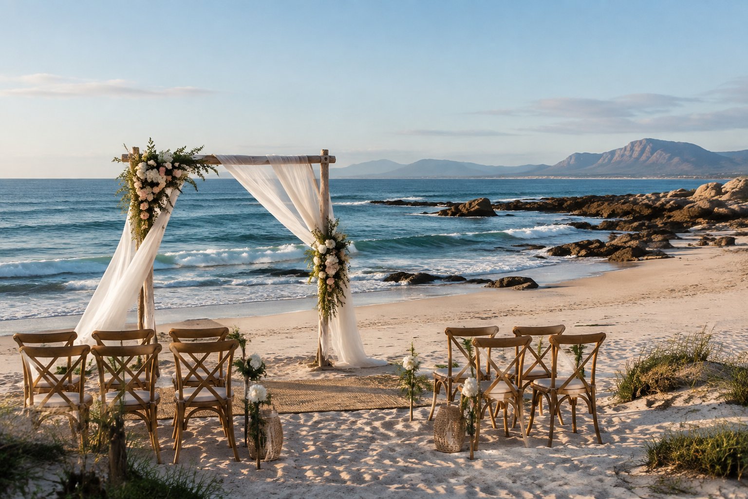 A relaxed wedding ceremony setup on a sandy Western Cape beach overlooking the ocean.