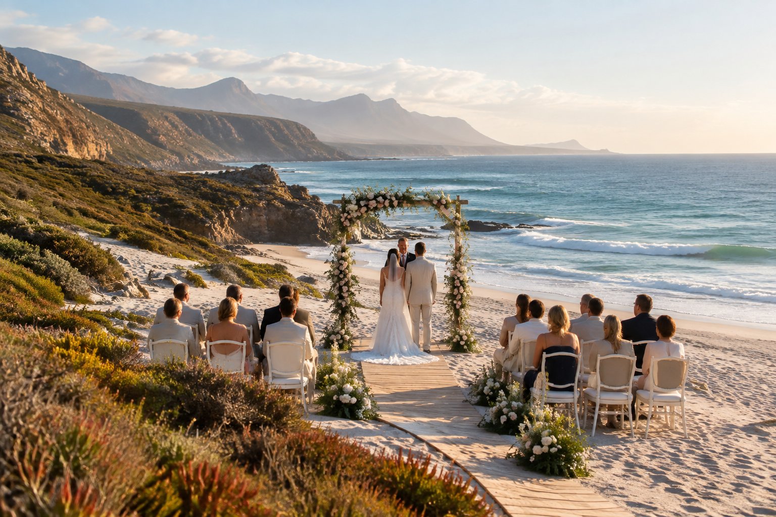 An elegant beach wedding ceremony overlooking the ocean, with floral decorations, white chairs, coastal cliffs, and native vegetation.