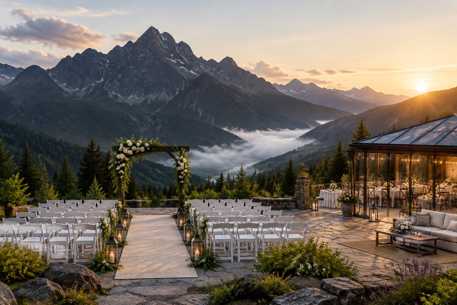 An elegant outdoor wedding ceremony overlooking dark mountain peaks and misty valleys.