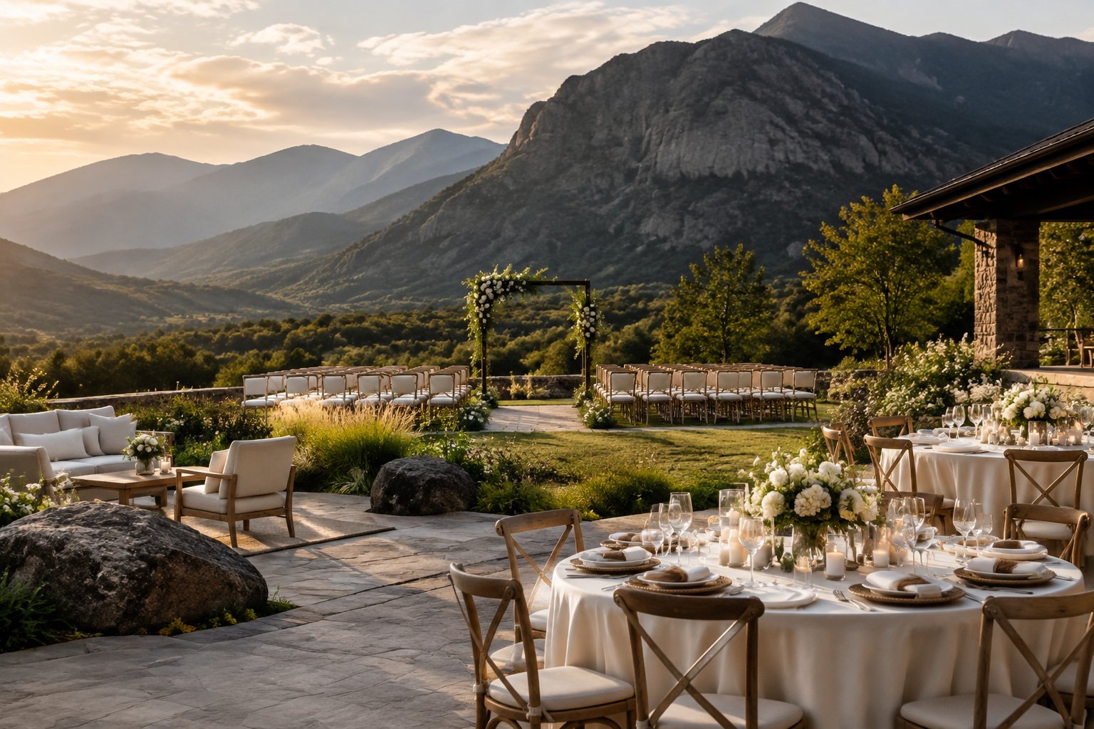An elegant outdoor wedding ceremony and reception set against dark mountain scenery.
