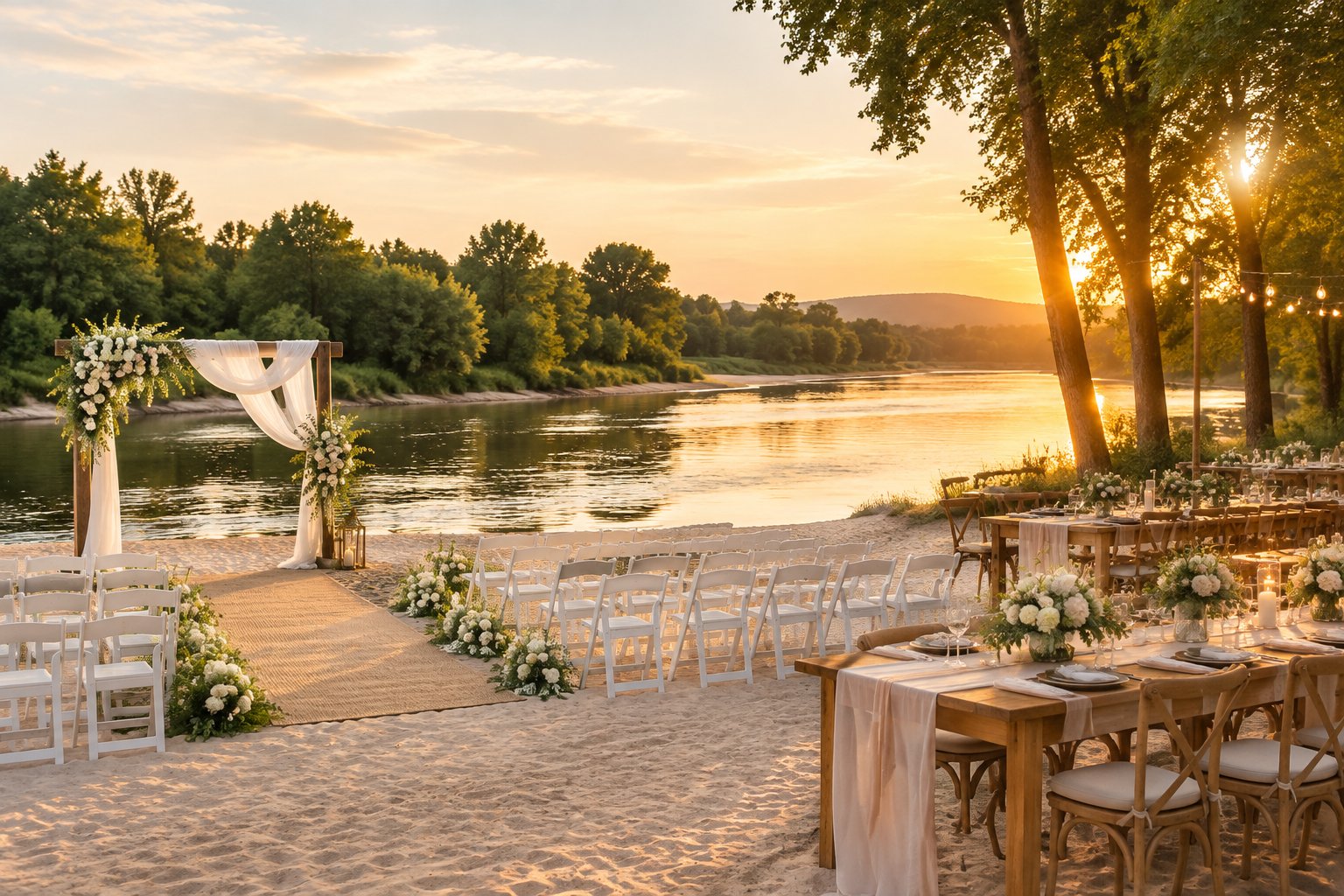 An elegant wedding ceremony setup on a sandy riverside beach with a flower-decorated arch, white chairs, and a reception area beneath trees.