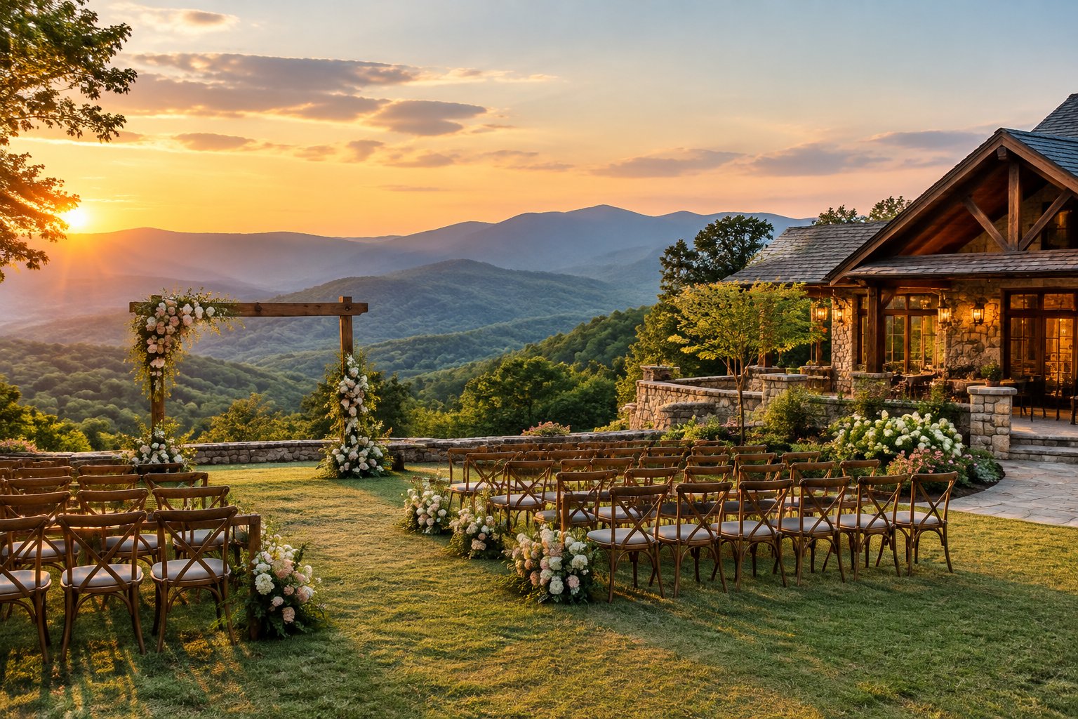 An elegant outdoor wedding venue with floral decorations, wooden chairs, and mountain views near Black Mountain.