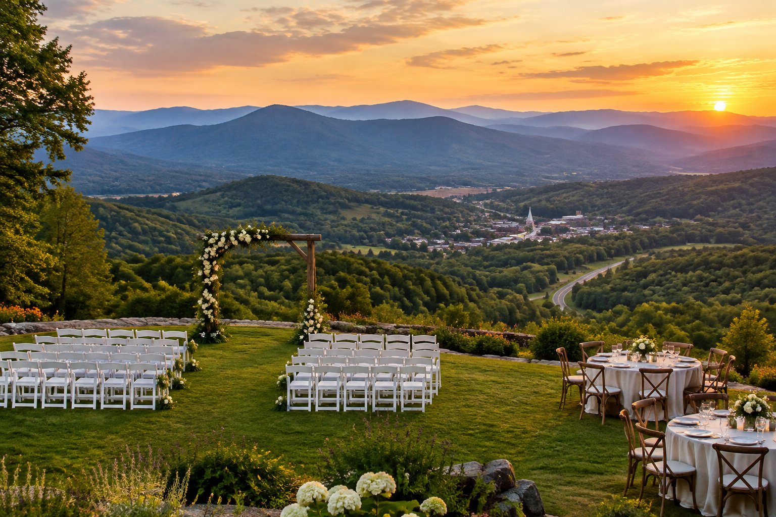 A mountain wedding venue overlooks a small town and layered blue mountains.