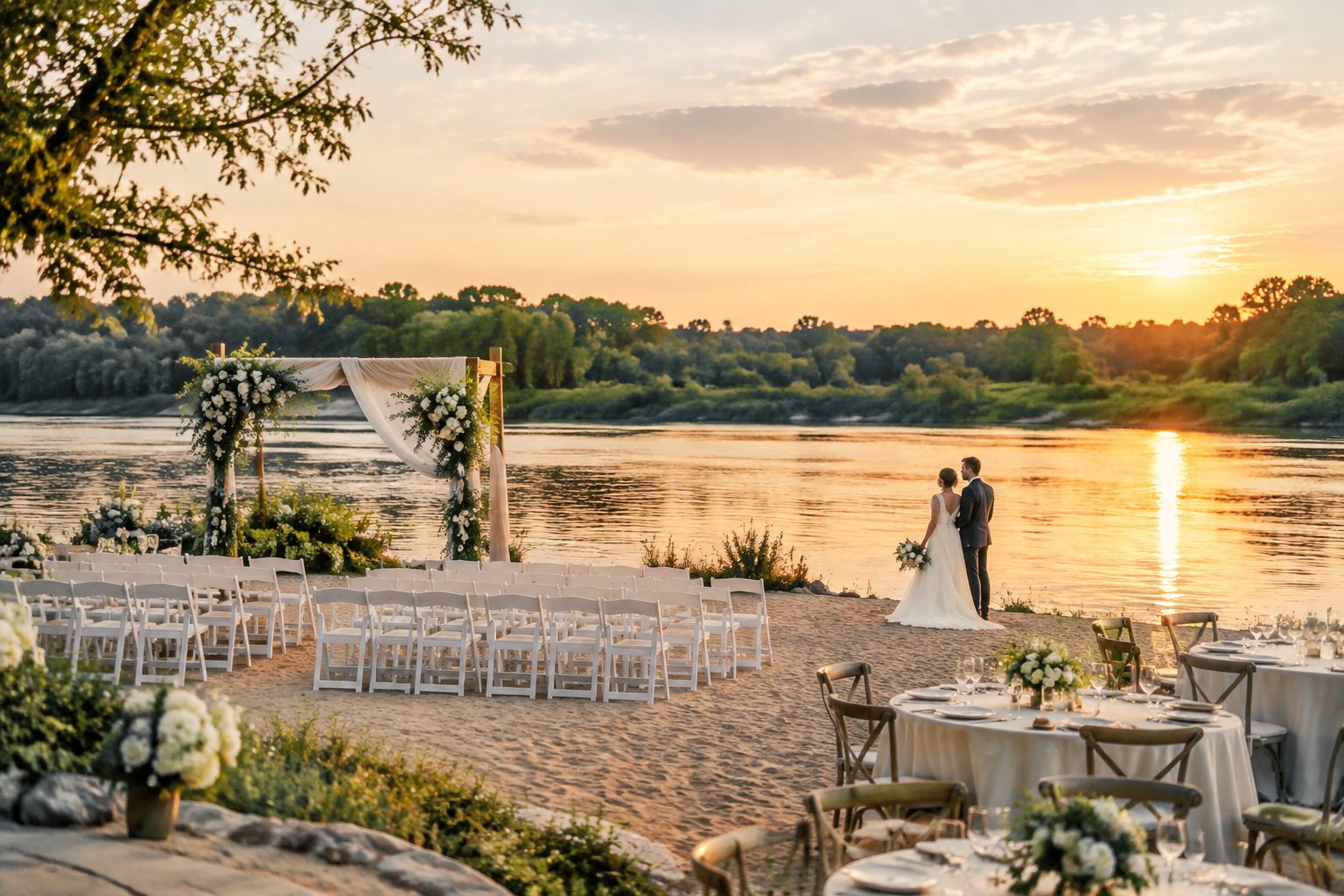 A wedding ceremony setup on a sandy riverside beach with white chairs, flowers, and a couple near the water.