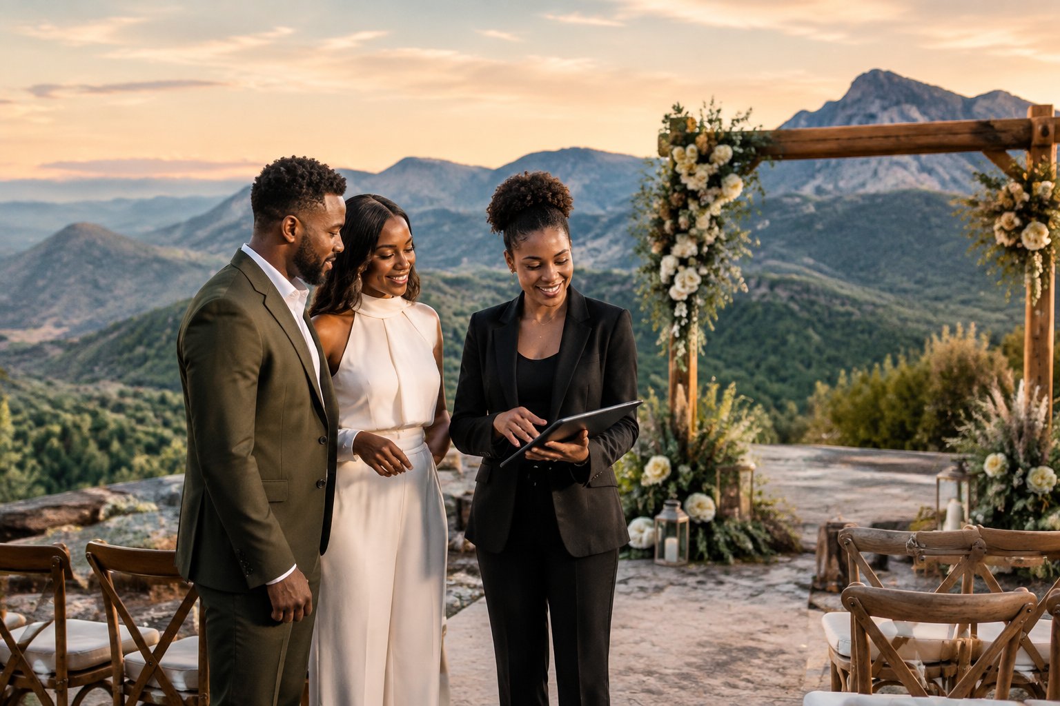 A Black couple discusses a mountain wedding venue with a coordinator beside an outdoor ceremony space.