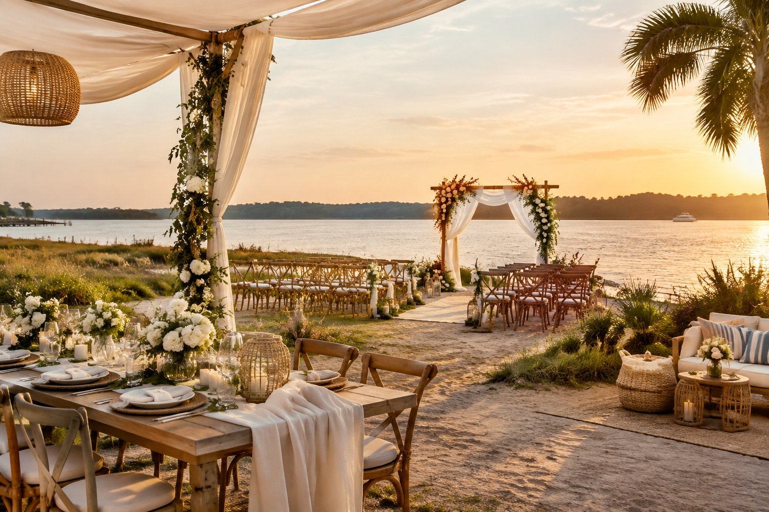 Elegant outdoor wedding ceremony beside a calm river with sandy shoreline, flowers, seating, and a decorated reception table.