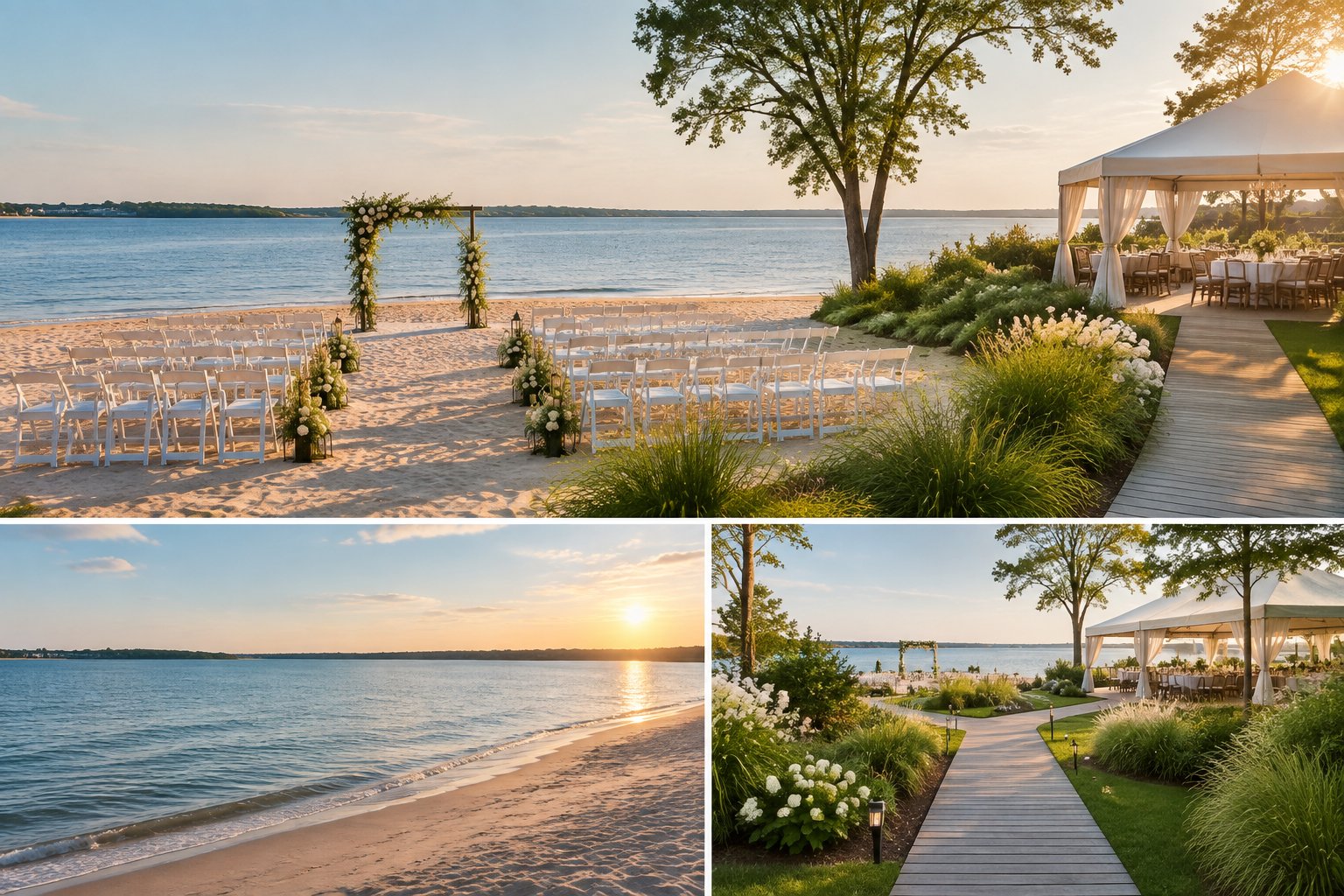 An elegant outdoor wedding venue combines a sandy beach shoreline with a landscaped riverside ceremony area.