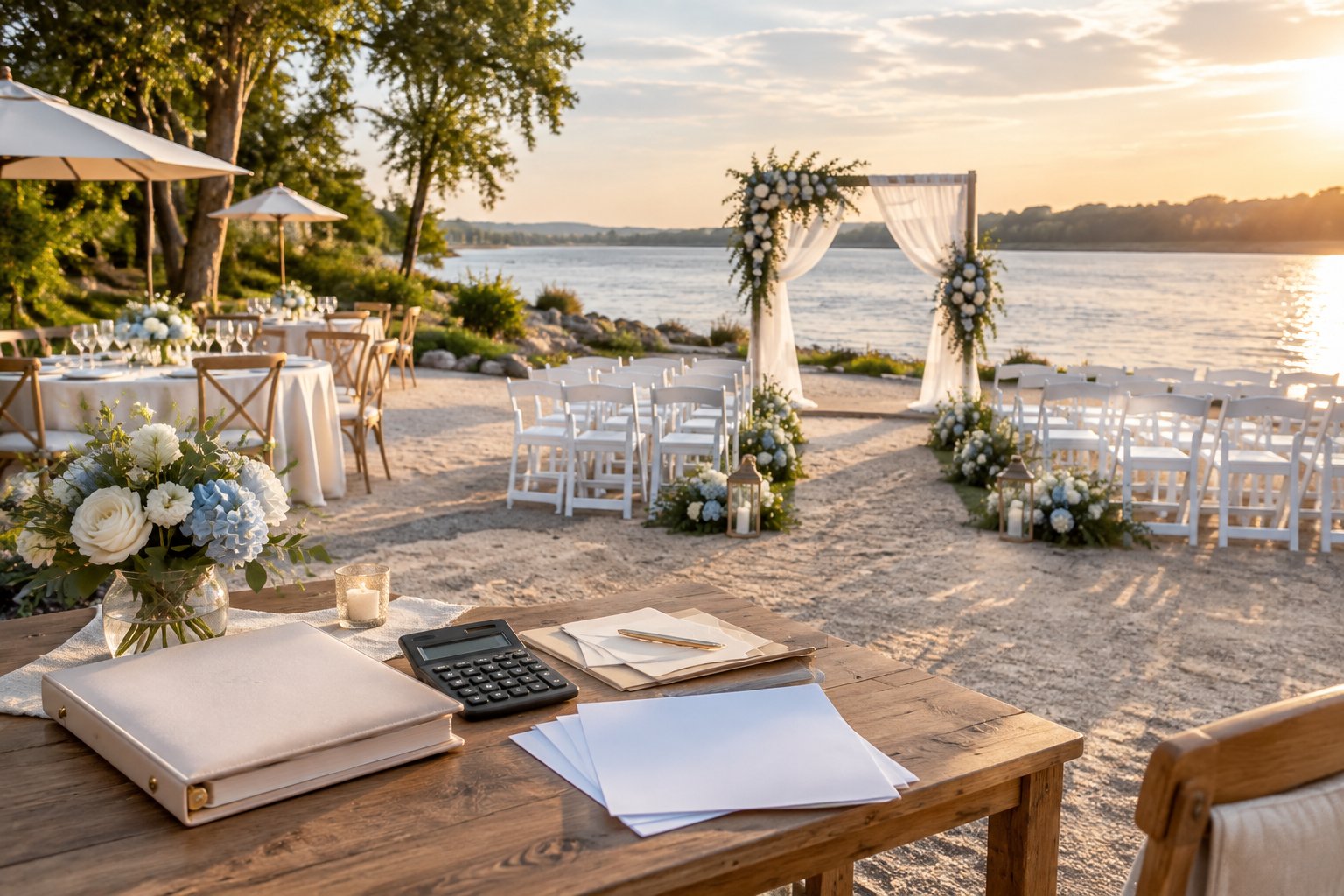Elegant waterfront wedding ceremony setup beside a calm riverside beach, with planning materials on a nearby table.