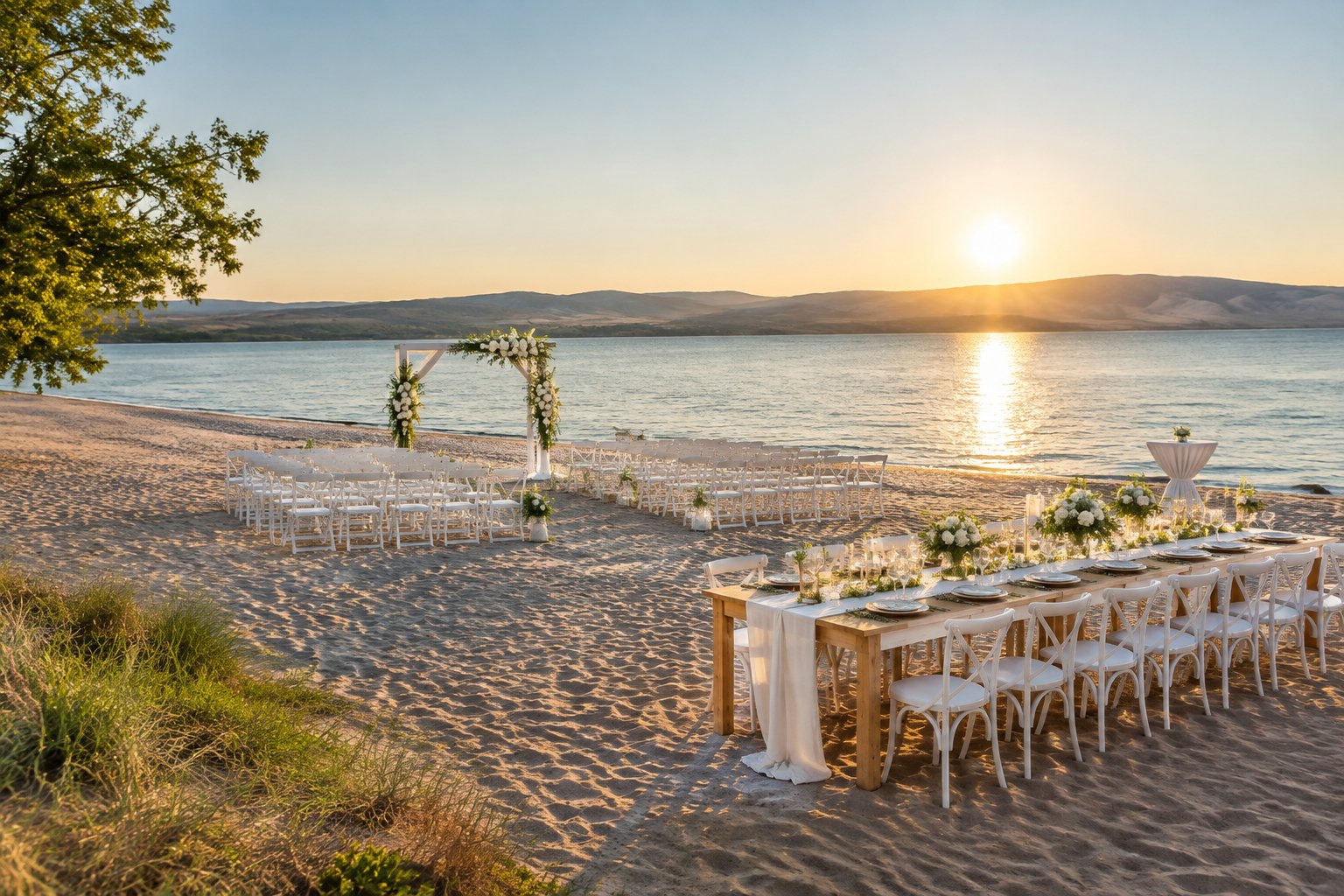 An elegant outdoor wedding ceremony setup beside a sandy beach with white chairs, flowers, and a decorated arch.