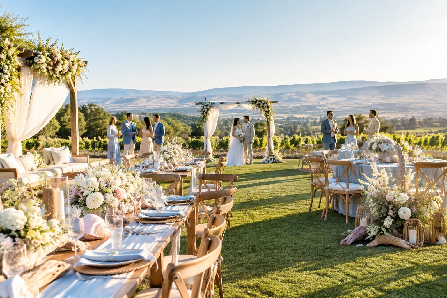 A beach-themed wedding celebration takes place outdoors at an elegant Yakima venue.