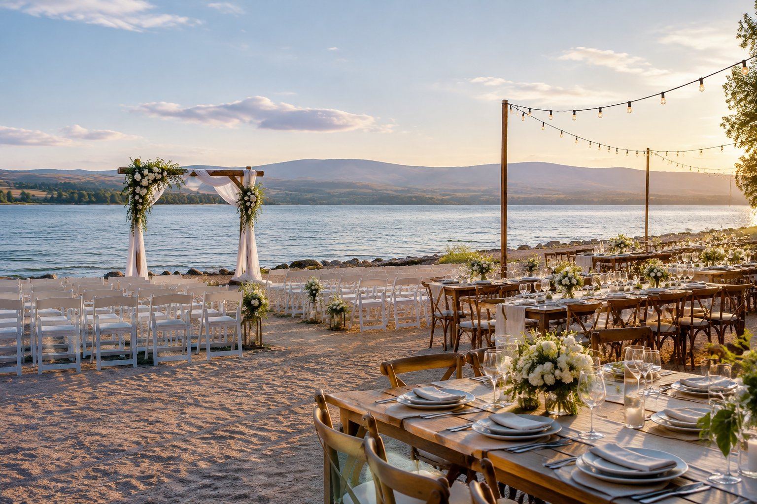 An elegant wedding ceremony and reception setup beside a sandy shoreline, with a decorated arbor, white chairs, tables, flowers, and calm water.