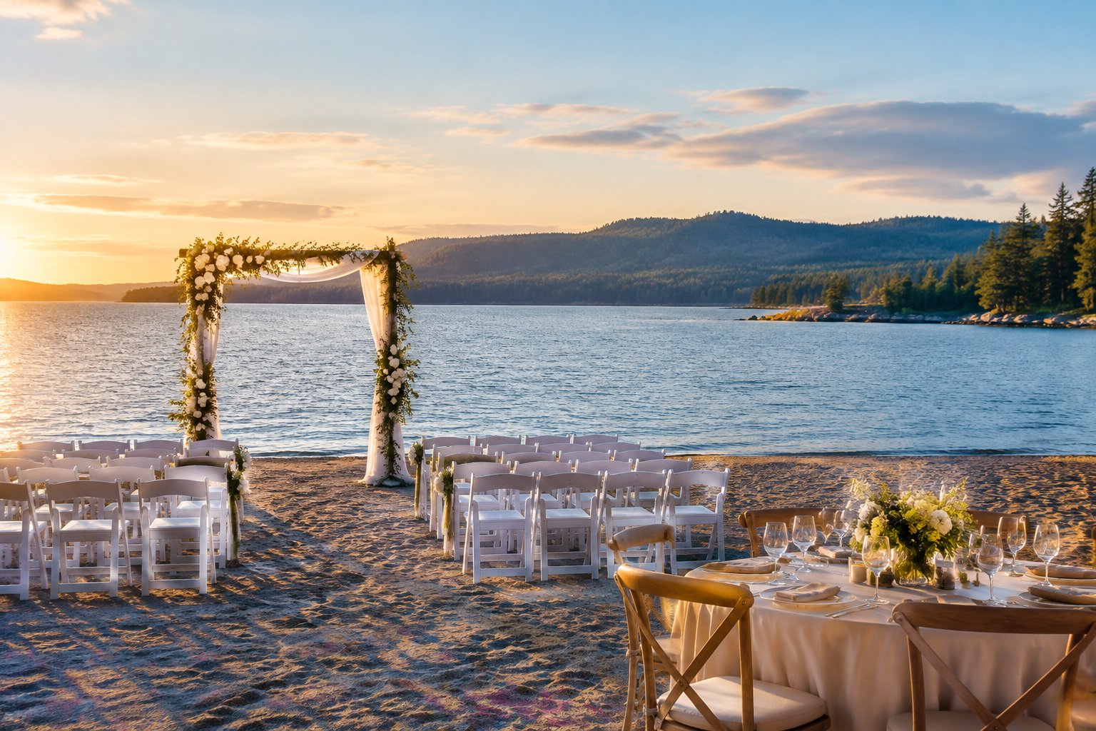 Elegant waterfront wedding ceremony set on a sandy beach beside calm blue water and tree-covered hills.