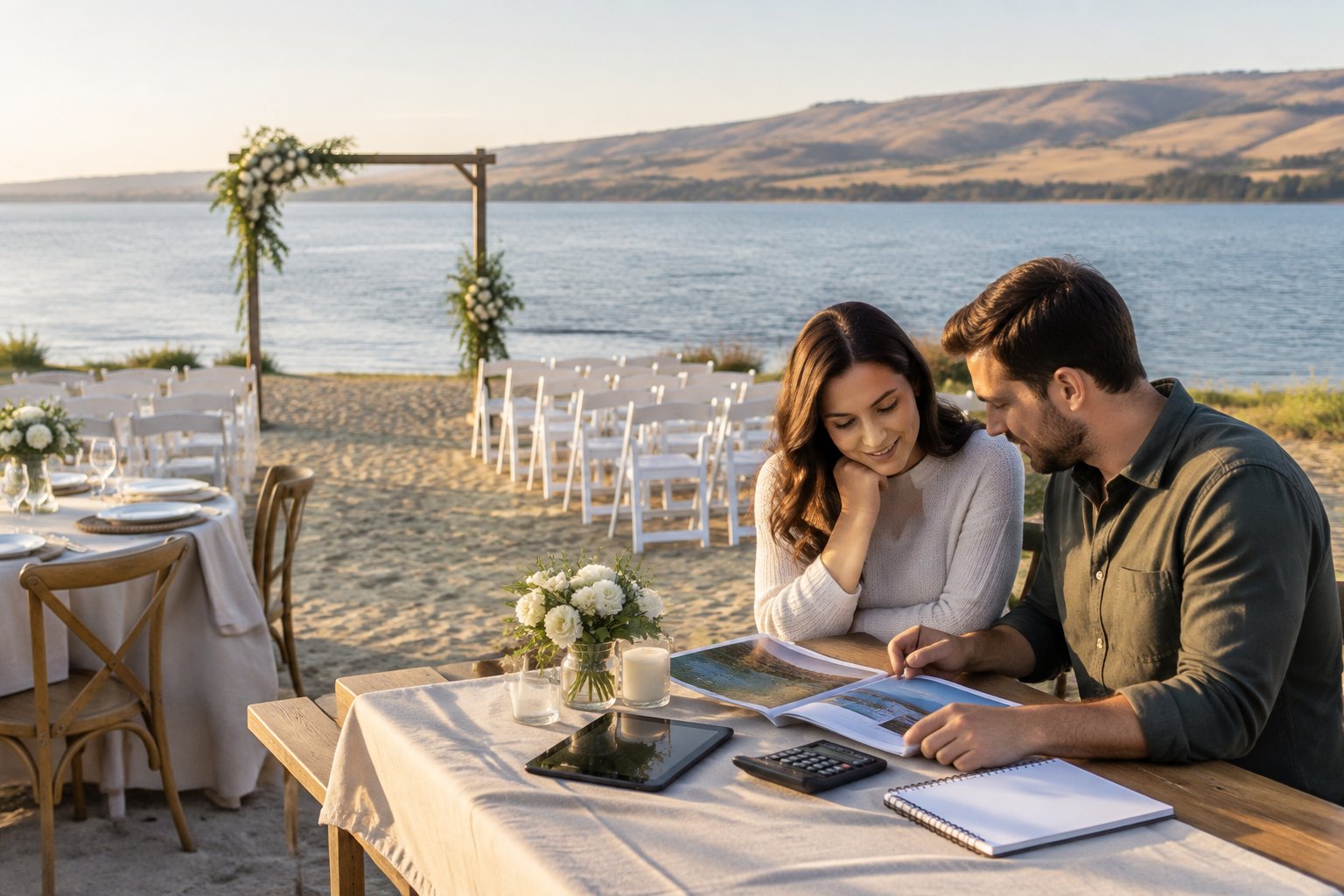A couple reviews wedding planning materials beside an elegant lakeside ceremony setup.