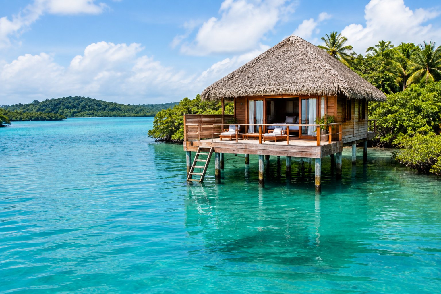 An overwater bungalow surrounded by turquoise Caribbean water and lush tropical islands in Bocas del Toro.